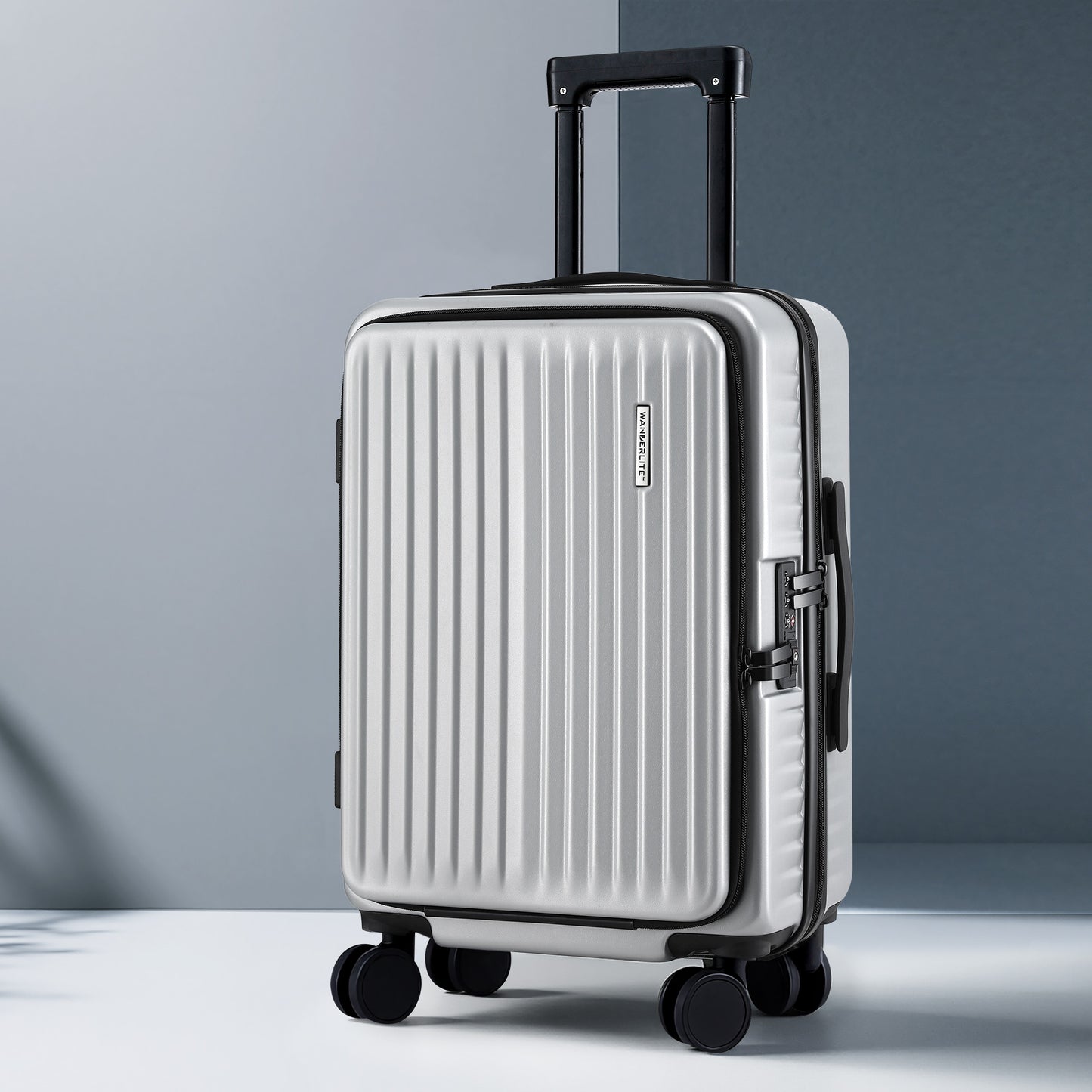 Wanderlite 20" Luggage Suitcase Front Pocket Travel Carry On Dual TSA Silver