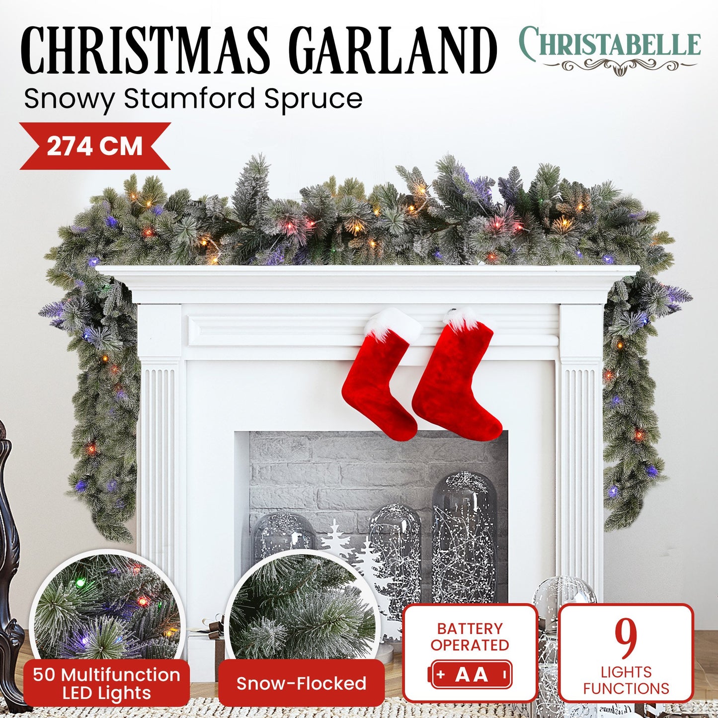 National Tree Company 274cm Pre Lit Snowy Stamford Spruce Battery Operated Christmas Garland w/LED Lights & Timer