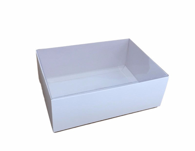 50 Pack of White Card Square Box - Clear Slide On Lid - 20 x 20 x 8cm - Large Beauty Product Gift Giving Hamper Tray Merch Fashion Cake Sweets Xmas