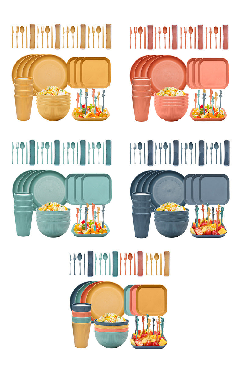 Four-person Set Yellow Eco-Friendly Wheat Straw Dinnerware Set, Plate, Bowl, Cup & Utensil Set - Lightweight, Reusable, and Durable for Home, School, and Travel