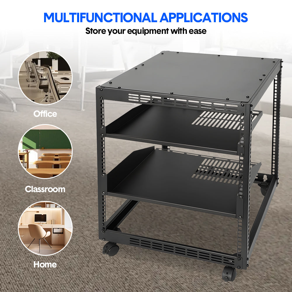 Alston 12U Open Frame Server Rack Hifi Device Rack with Vented Shelves Heavy Duty 4-Post AV/IT Network Rack Free Standing with Lockable Casters
