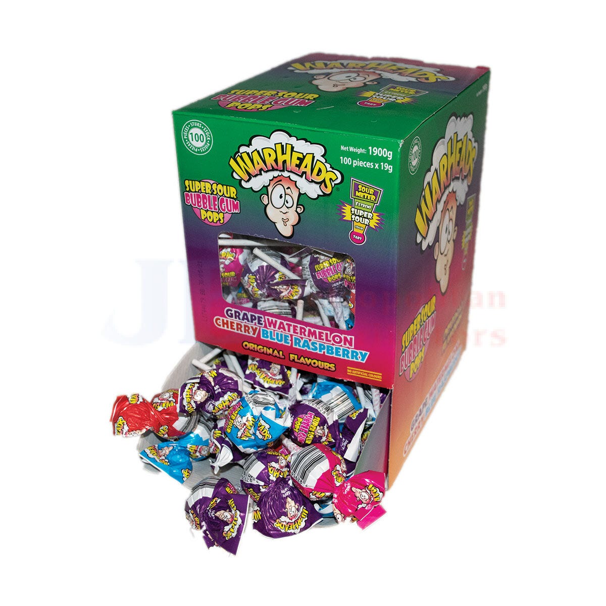 Warheads Super Sour Bubble Gum Pops 19g (100 Pack)