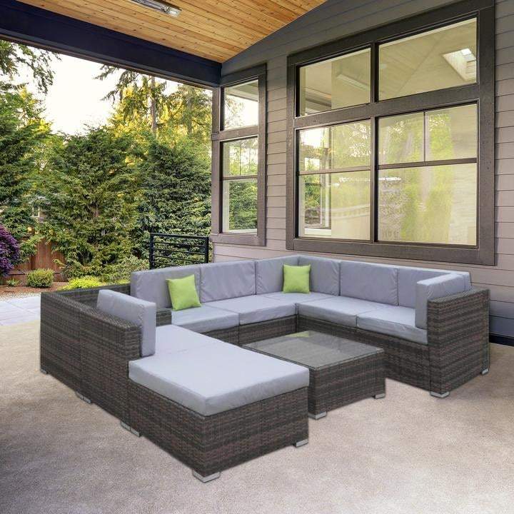 Milano Outdoor 9 Piece Oatmeal Rattan Sofa Set - Oatmeal (Brown) Coating & Grey Seats