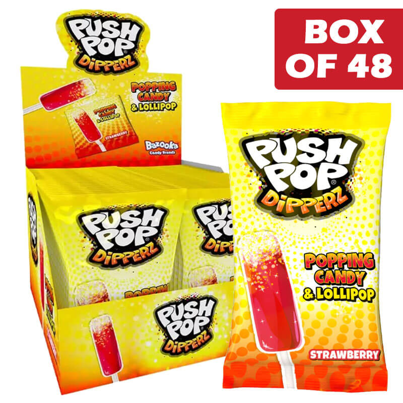 Bazooka Push Pop Dipperz Popping Candy Lollipop Strawberry 12g (48 Pack)