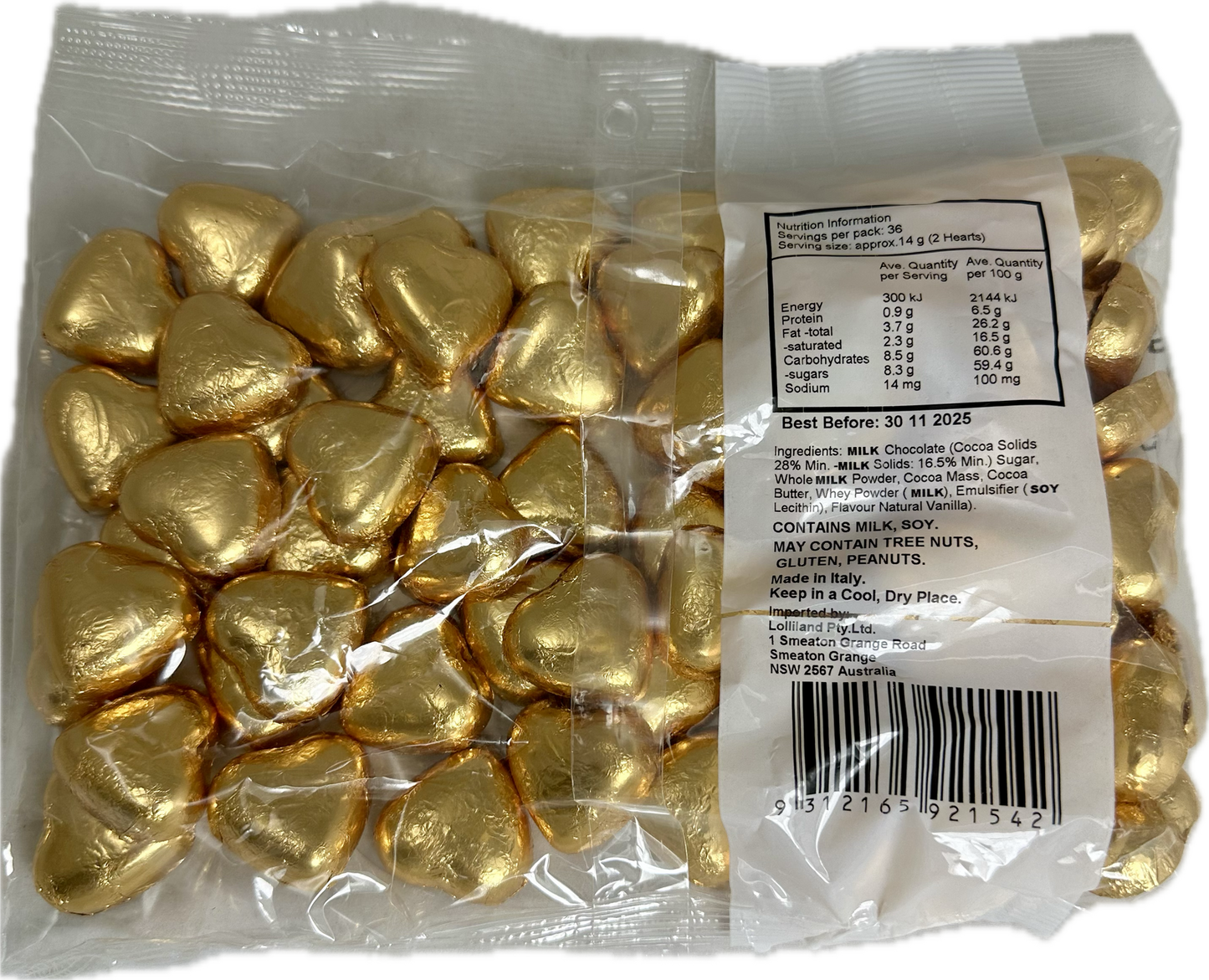 Lolliland Gold Choc Hearts Bag 500g
