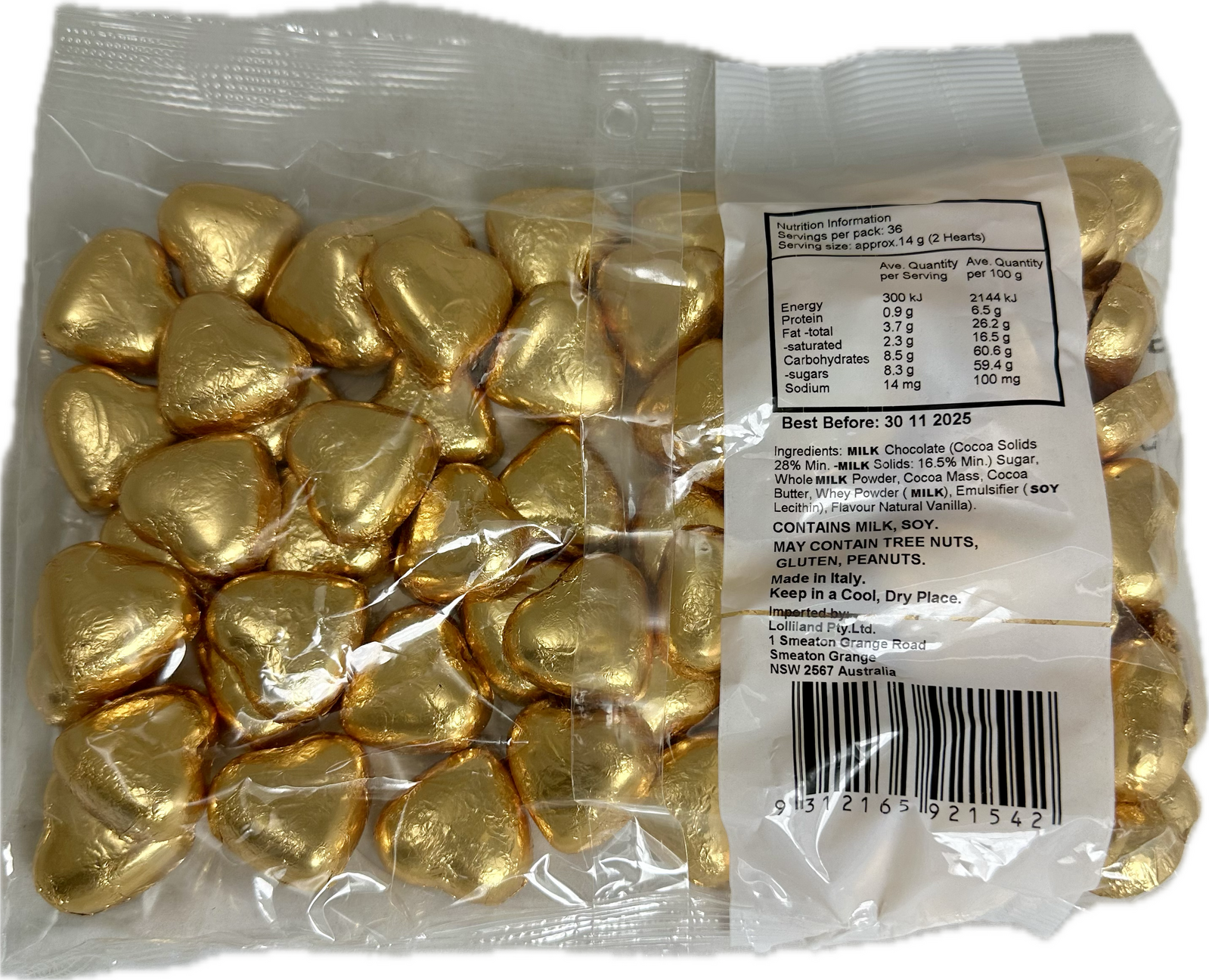 Lolliland Gold Choc Hearts Bag 500g