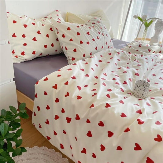 Heart Duvet Cover 200X230 Red With 2 Pillowcases 48X73 Cm - Red And White Microfiber Bedding Set - Adult Double Bed