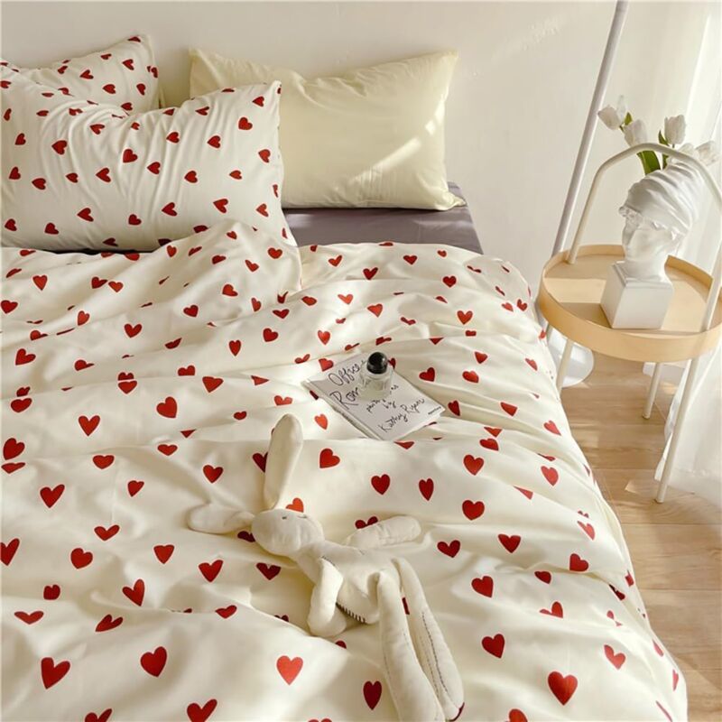 Heart Duvet Cover 200X230 Red With 2 Pillowcases 48X73 Cm - Red And White Microfiber Bedding Set - Adult Double Bed