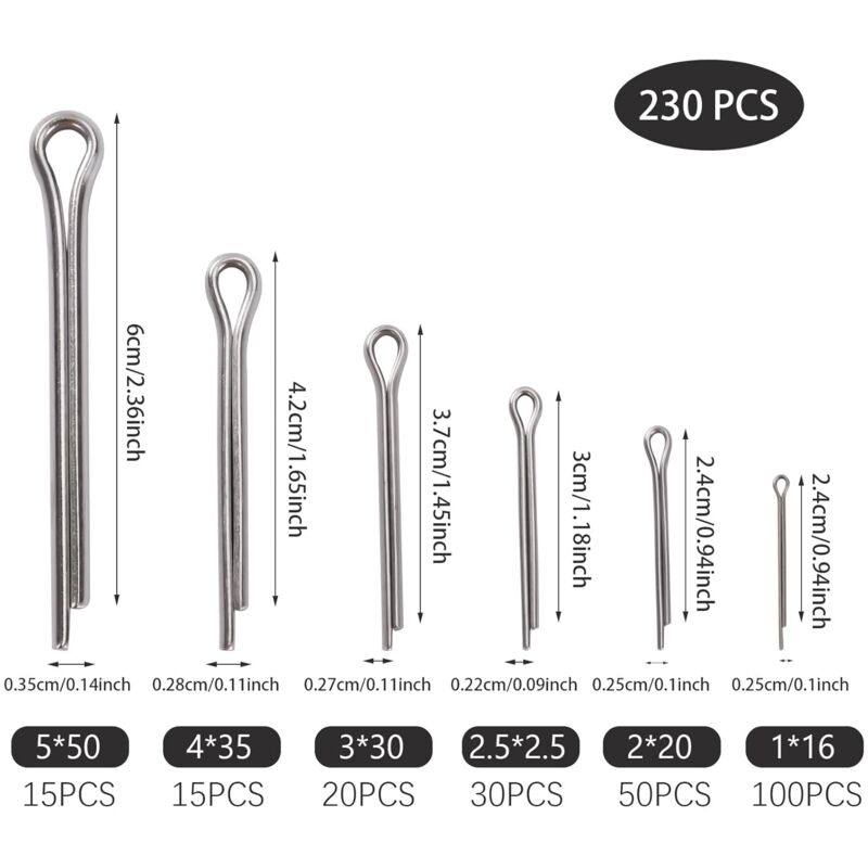 230 pcs Stainless Steel Cotter Pins M1 M2.5 M3 M4 M5 Retaining Pin Assortment Kit With Storage Box