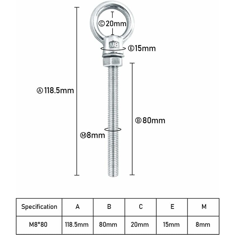 Eye Bolts M8 X 80Mm Stainless Steel Metric Thread M8 Eye Bolts For Fixing And Hanging, 6 pcs