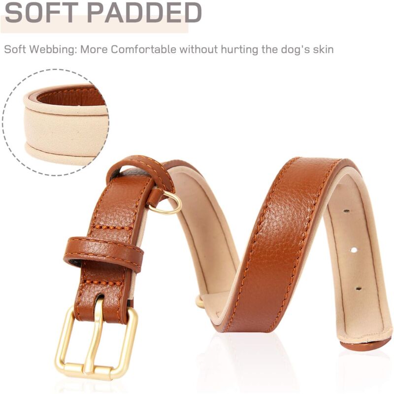 Leather Dog Collar, Adjustable Dog Collar Soft Padded Leather Cushion For Small, Medium Or Large Dogs, Brown, M