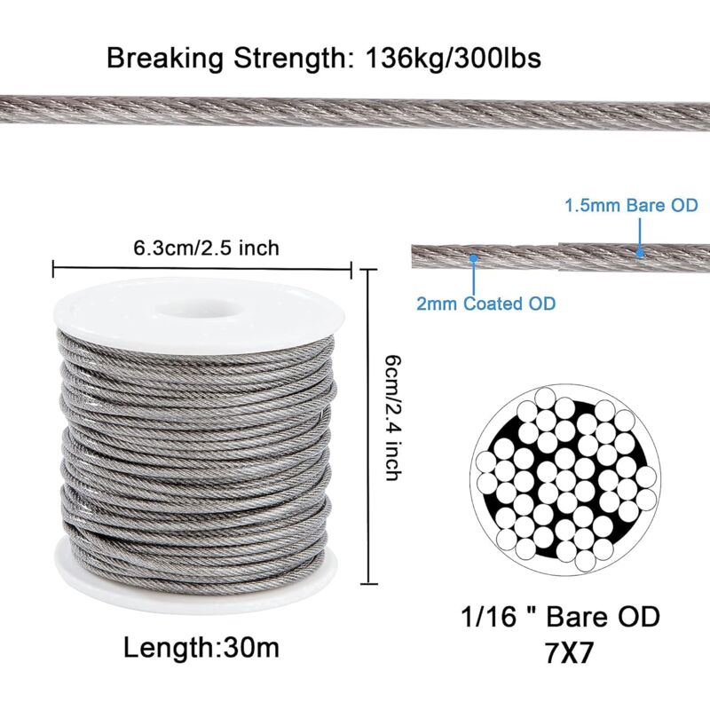 Wire ROpe Hanging Kit 2Mm Stainless Steel ROpe 30M With Turnbuckle Eye Screw Aluminum Sleeves Heart Thimble 56 pcs