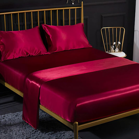 4 Piece Solid Color Satin Bed Sheet Set 1 X Fitted Sheet 198203 Cm Double With 35 Cm Deep Pocket, 1 X Flat Sheet And 2