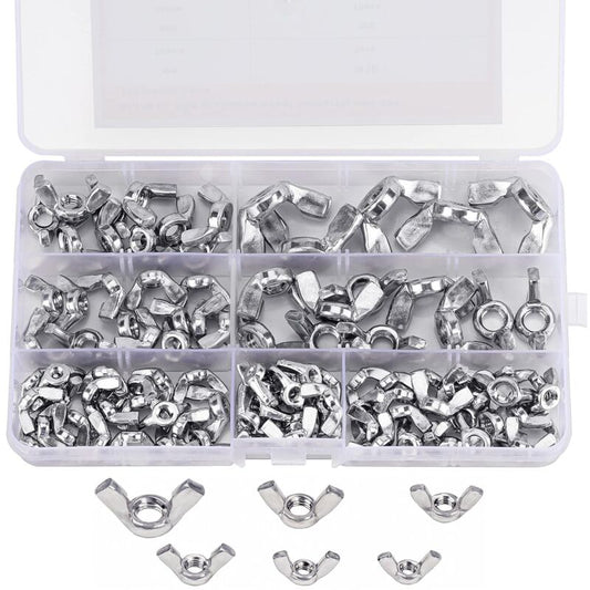 Wing Nut Assortment (100 Pieces) - Sizes M3, M4, M5, M6, M8 And M10 - 304 Stainless Steel Fastener Screws - Silver Wing
