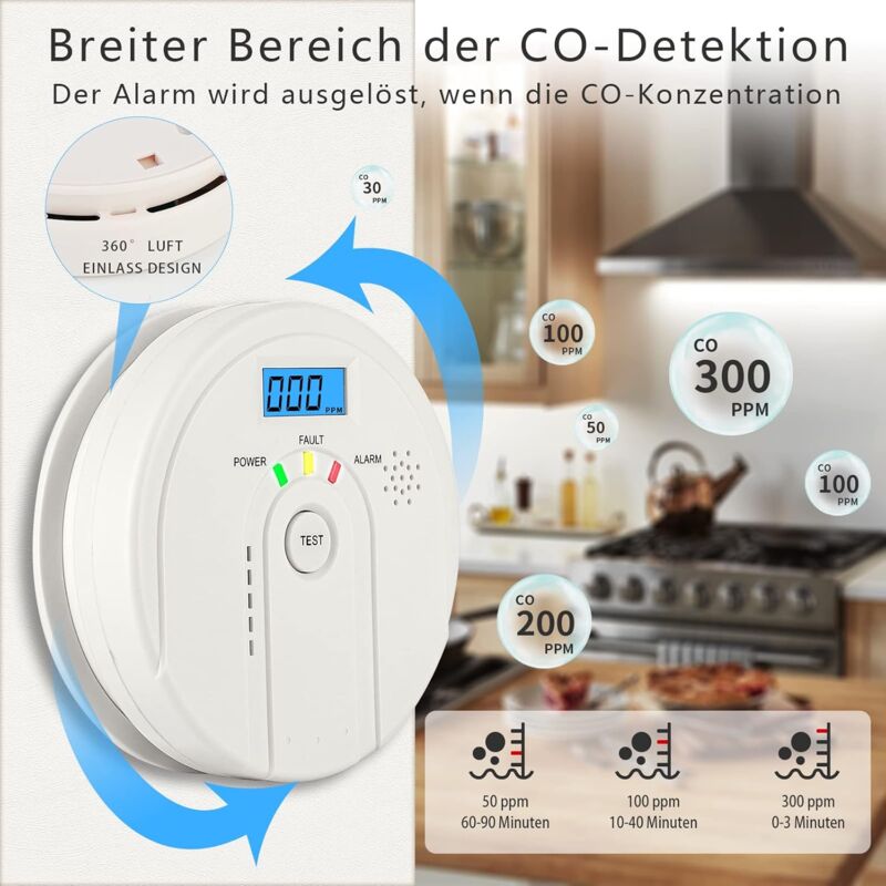 Carbon Monoxide Detector 85 Db, Co Detector With Lcd Display, En 50291 Battery Operated Carbon Monoxide Detector (3 Aa