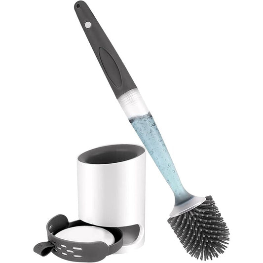 Silicone Toilet Brush With Soap Dispenser, Wall Mounted/Standing No Drilling Cleaning Brush With Holder For Bathroom