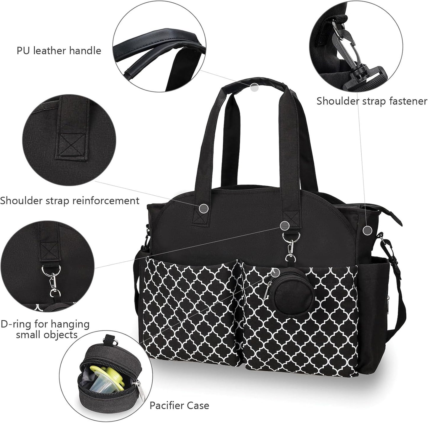 Baby Storage Bag - Multifunctional Diaper Bag with 13 Compartments - Including Special Pacifier Pocket - Large Capacity for All Baby Needs - Black