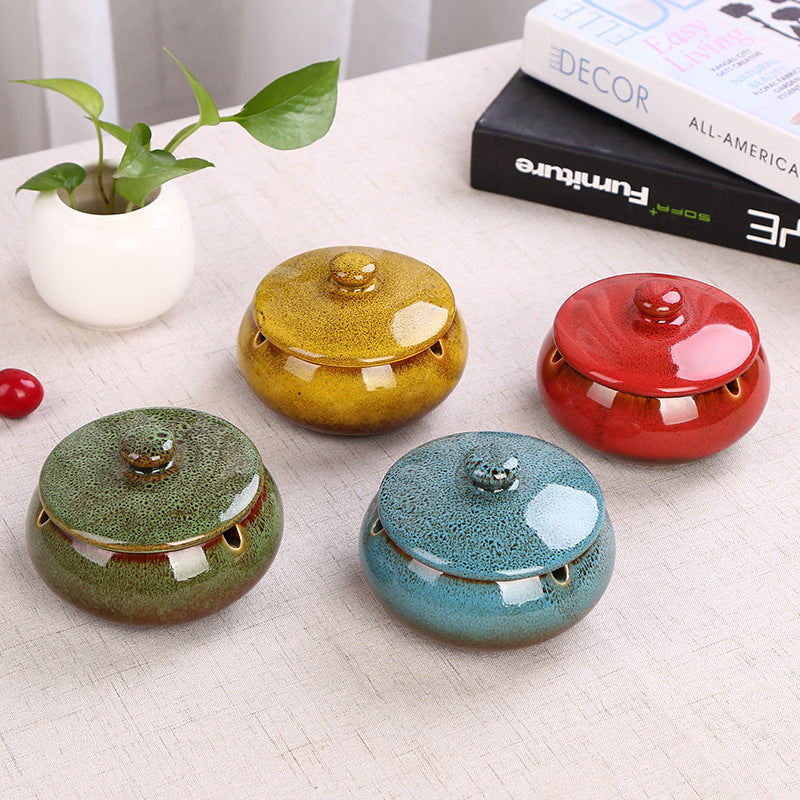 Ceramic Ashtray with Lid - Red - Wind Ashtray for Outdoor & Indoor Use - Glazed Earthenware
