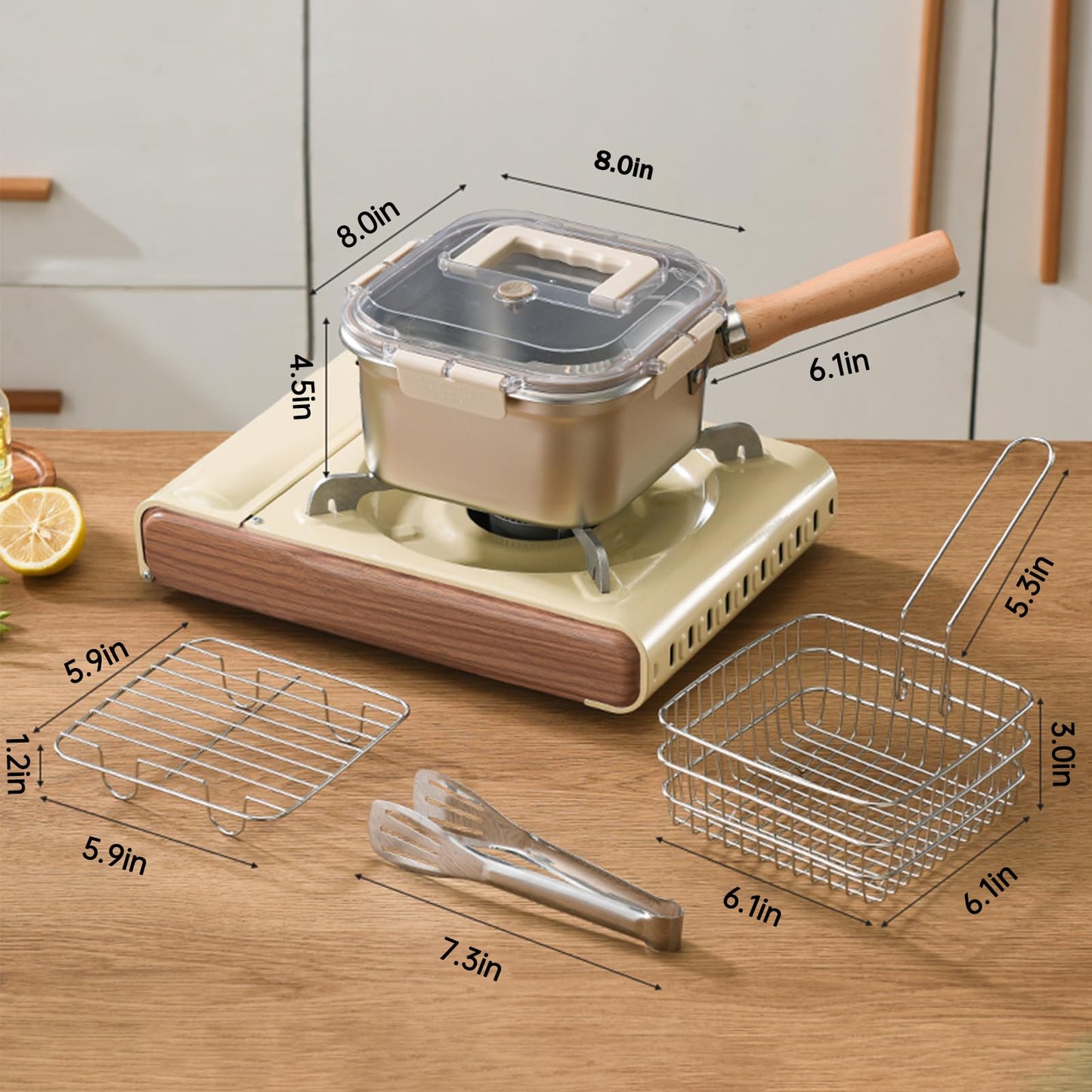Induction Saucepan - Mini Deep Fryer - Milk Pan - Square Cooking Pot - Stainless Steel - With Frying Basket - Steaming Rack - Tongs - Glass Lid - Wooden Handle - Ramen Pan - Soup Pot - Camping Pan - 4 in 1 - Kitchen Utensils - Compact - Silver - White - 1