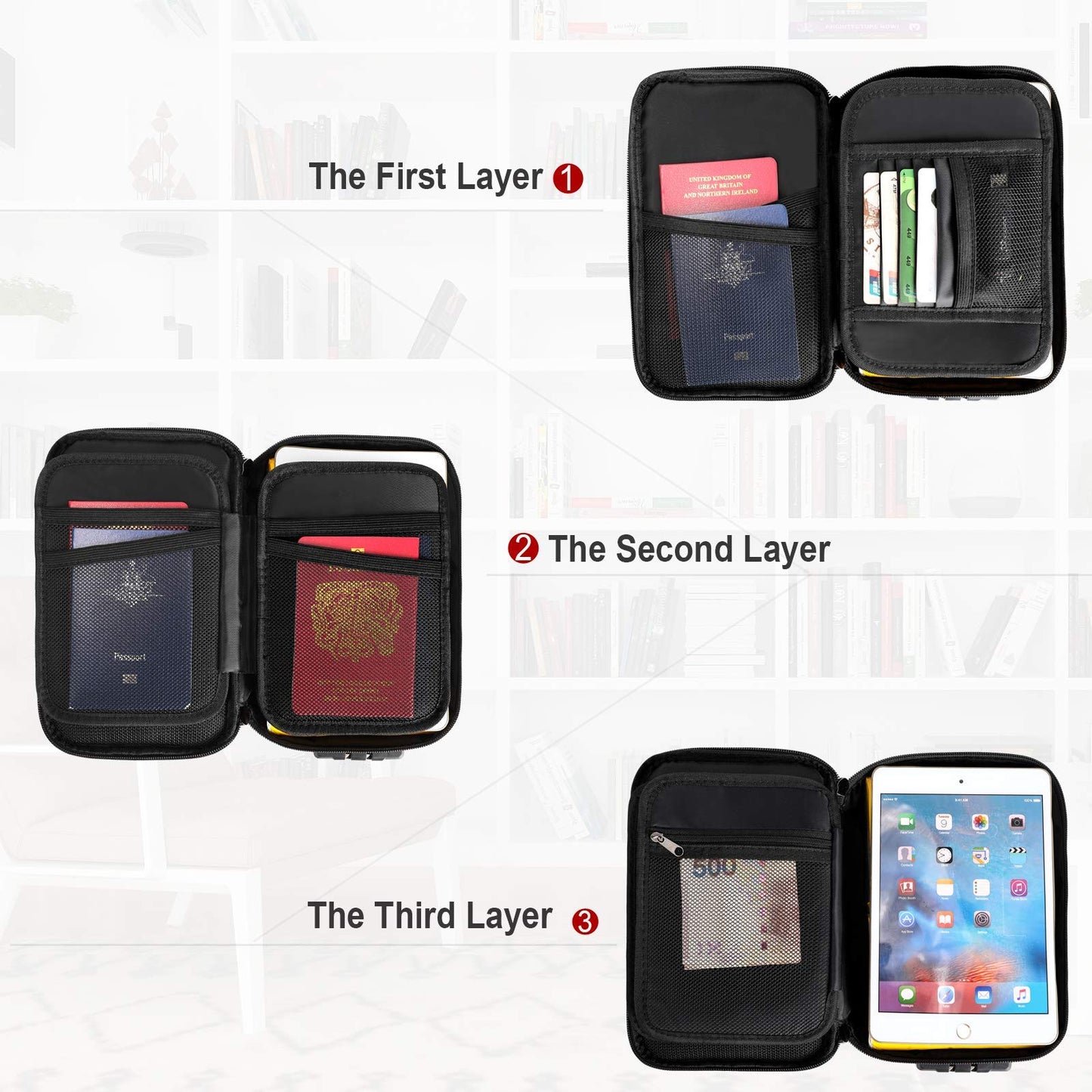 Document Organizer - Storage Bag with Combination Lock - Travel Folder - Documents - Passport Holder - Office Supplies - Security Bag - Water-Repellent - Tablet Storage - Administration - Holiday Accessories - Briefcase - Black - 1 Piece