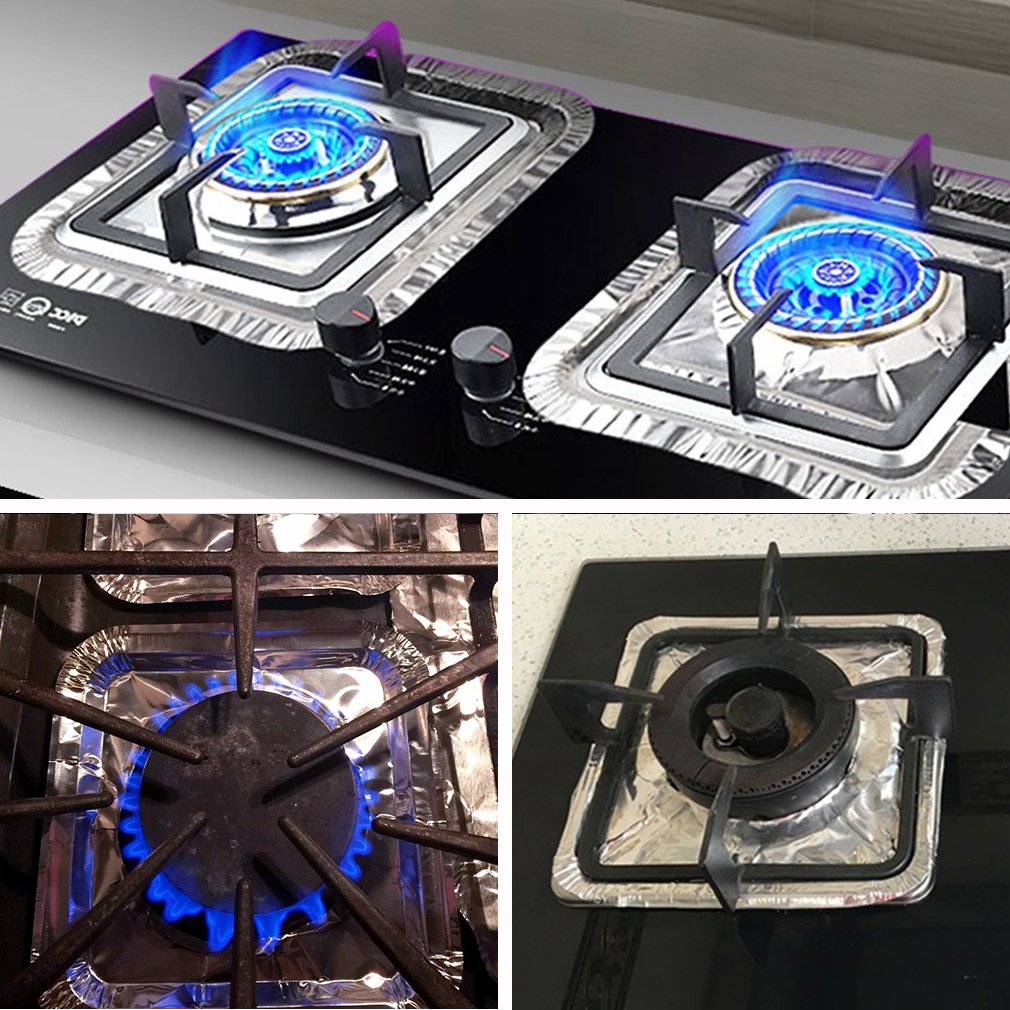 Gas stove protectors - Gas burner protectors - Aluminum foil gas stove - Gas stove foil - Kitchen accessories - Protective film - Extra thick - Universal - Cut to size - Square - Silver - 50 pieces