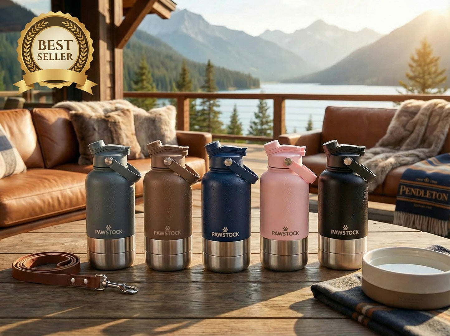 Pawstock 3-in-1 Insulated Dog Water Bottle with Dual Bowls – 1L Stainless Steel Travel Bottle - Black