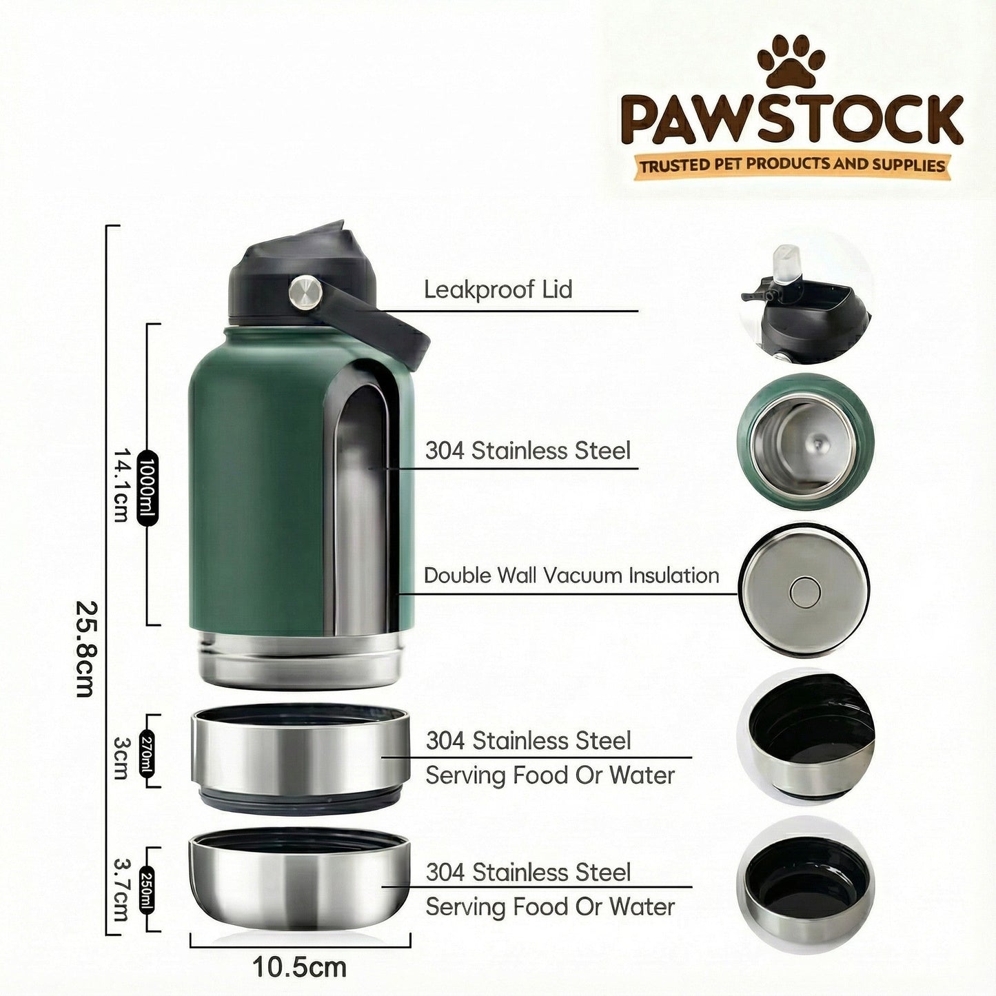 Pawstock 3-in-1 Insulated Dog Water Bottle with Dual Bowls – 1L Stainless Steel Travel Bottle - Black