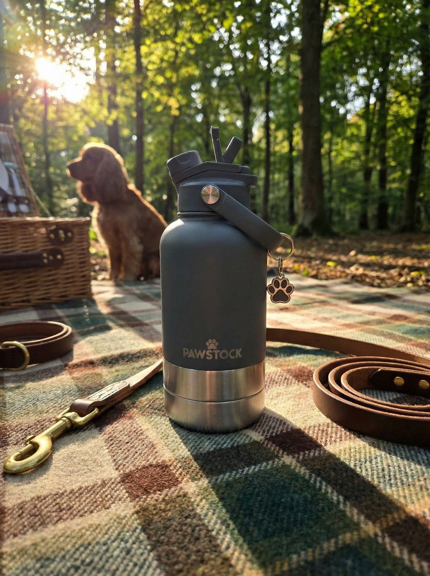 Pawstock 3-in-1 Insulated Dog Water Bottle with Dual Bowls – 1L Stainless Steel Travel Bottle - Black
