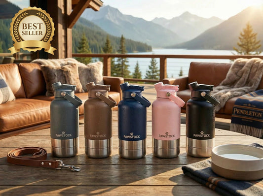 Pawstock 3-in-1 Insulated Dog Water Bottle with Dual Bowls – 1L Stainless Steel Travel Bottle - Brown