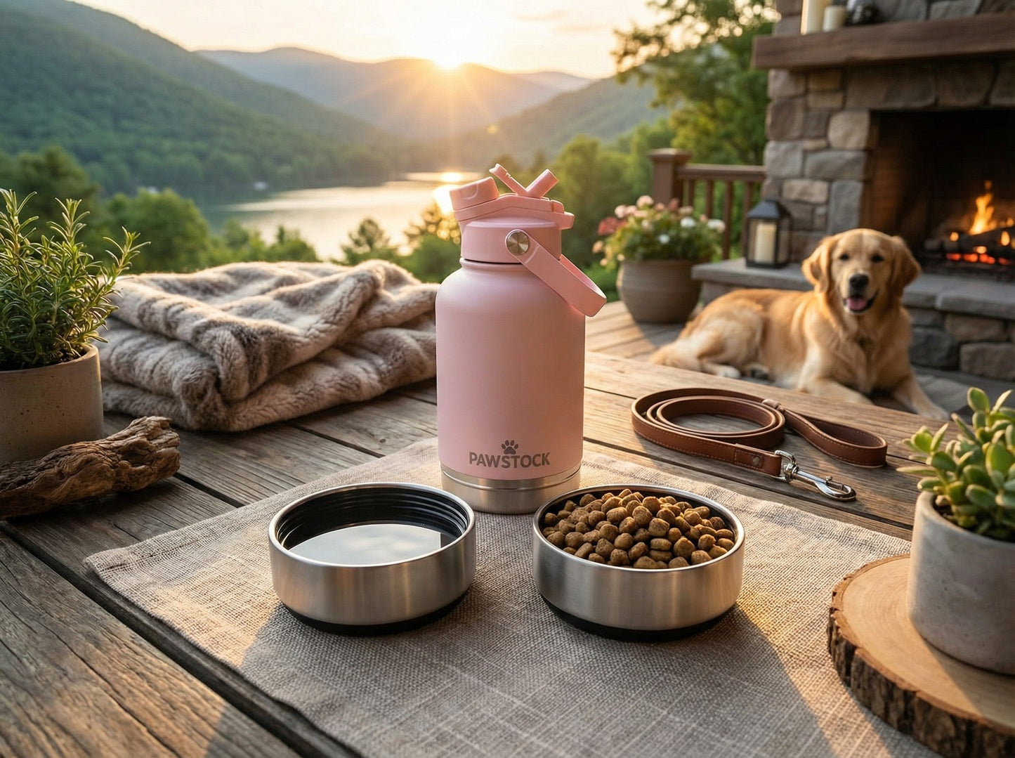 Pawstock 3-in-1 Insulated Dog Water Bottle with Dual Bowls – 1L Stainless Steel Travel Bottle - Brown