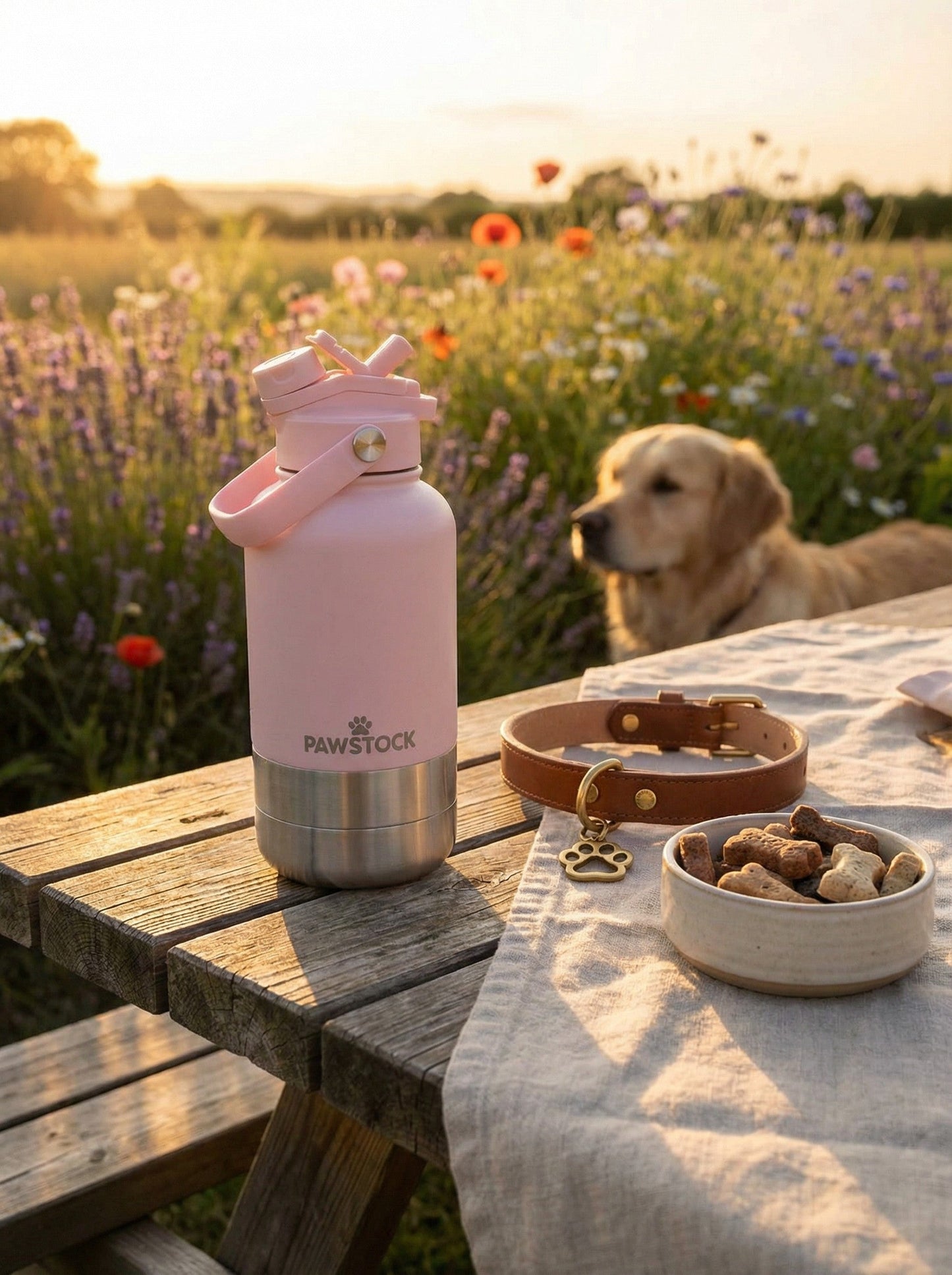 Pawstock 3-in-1 Insulated Dog Water Bottle with Dual Bowls – 1L Stainless Steel Travel Bottle - Brown
