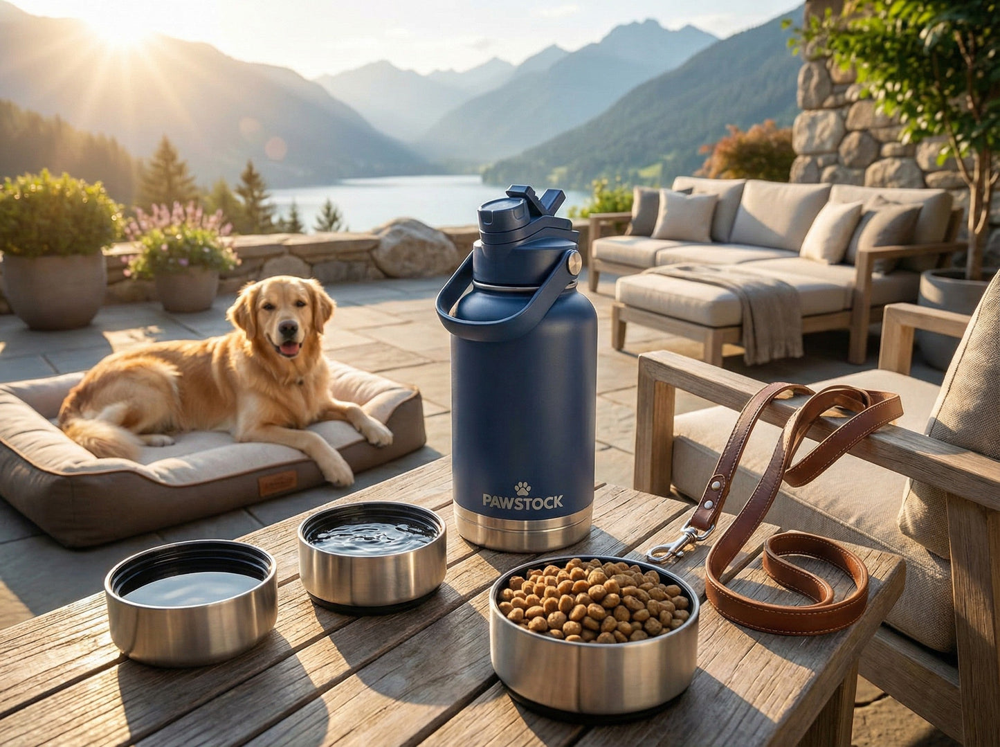 Pawstock 3-in-1 Insulated Dog Water Bottle with Dual Bowls – 1L Stainless Steel Travel Bottle - Navy