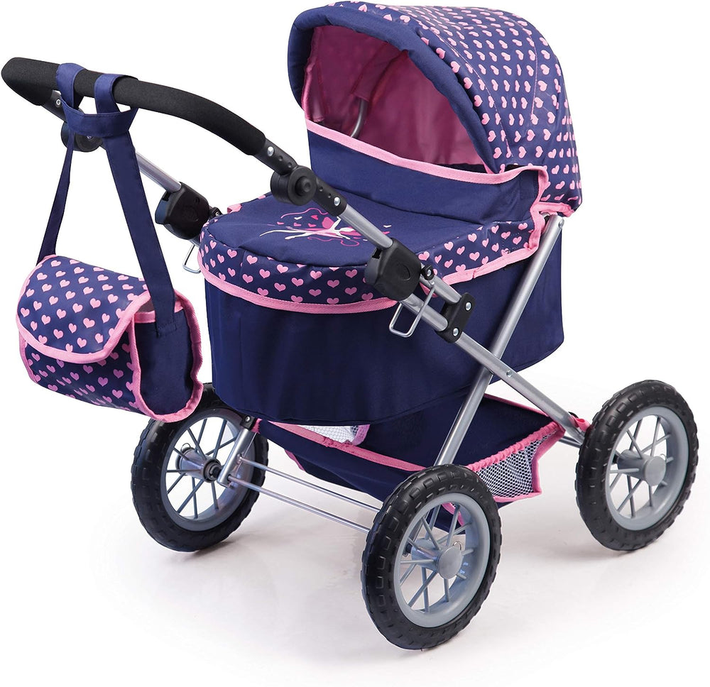 Pretty Prams Trendy Dolls Pram, Foldable with Height-Adjustable Handle, Blue and Pi ...