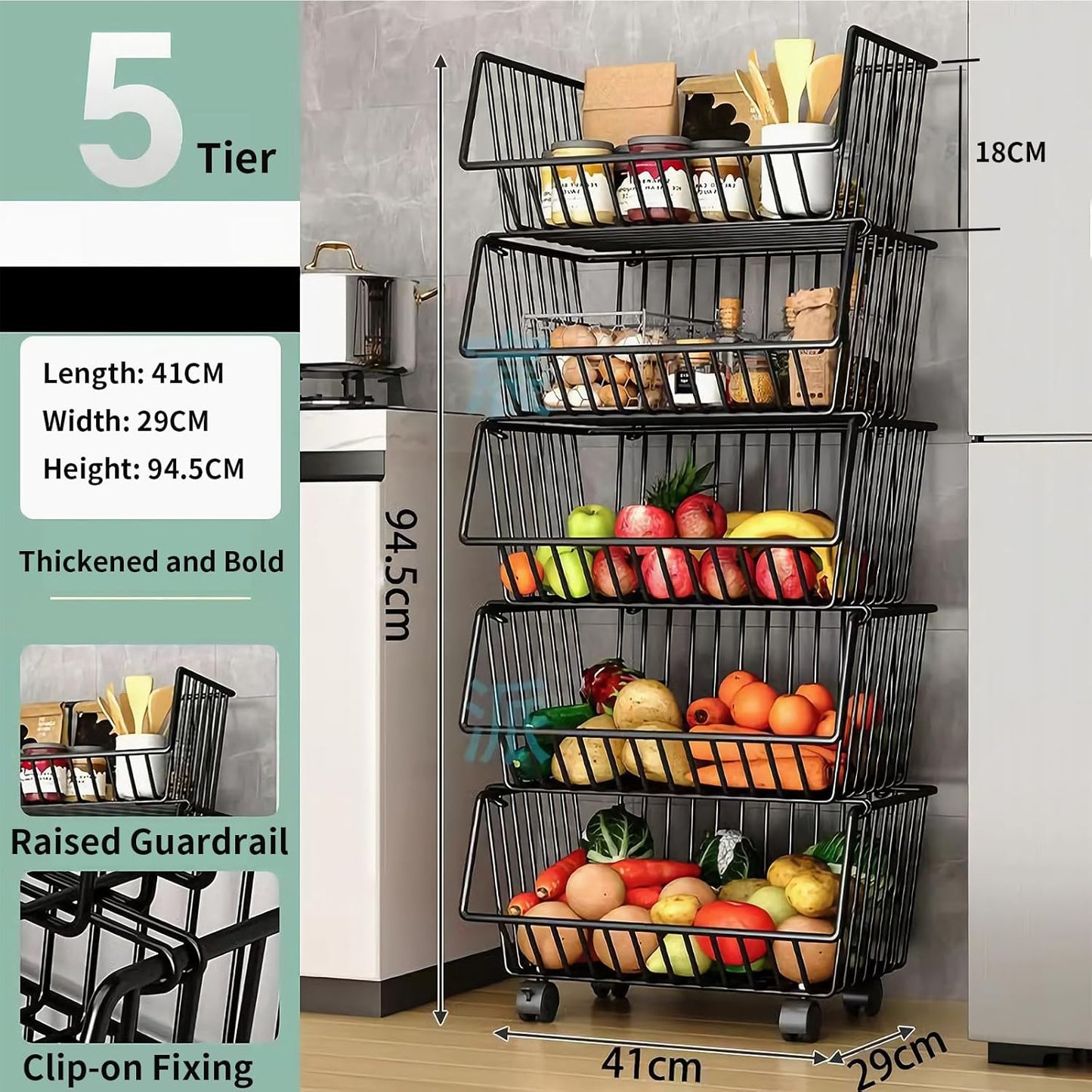 CARLA HOME Metal 5-Tier Rolling Vegetable and Fruit Basket Cart Stand for Kitchen