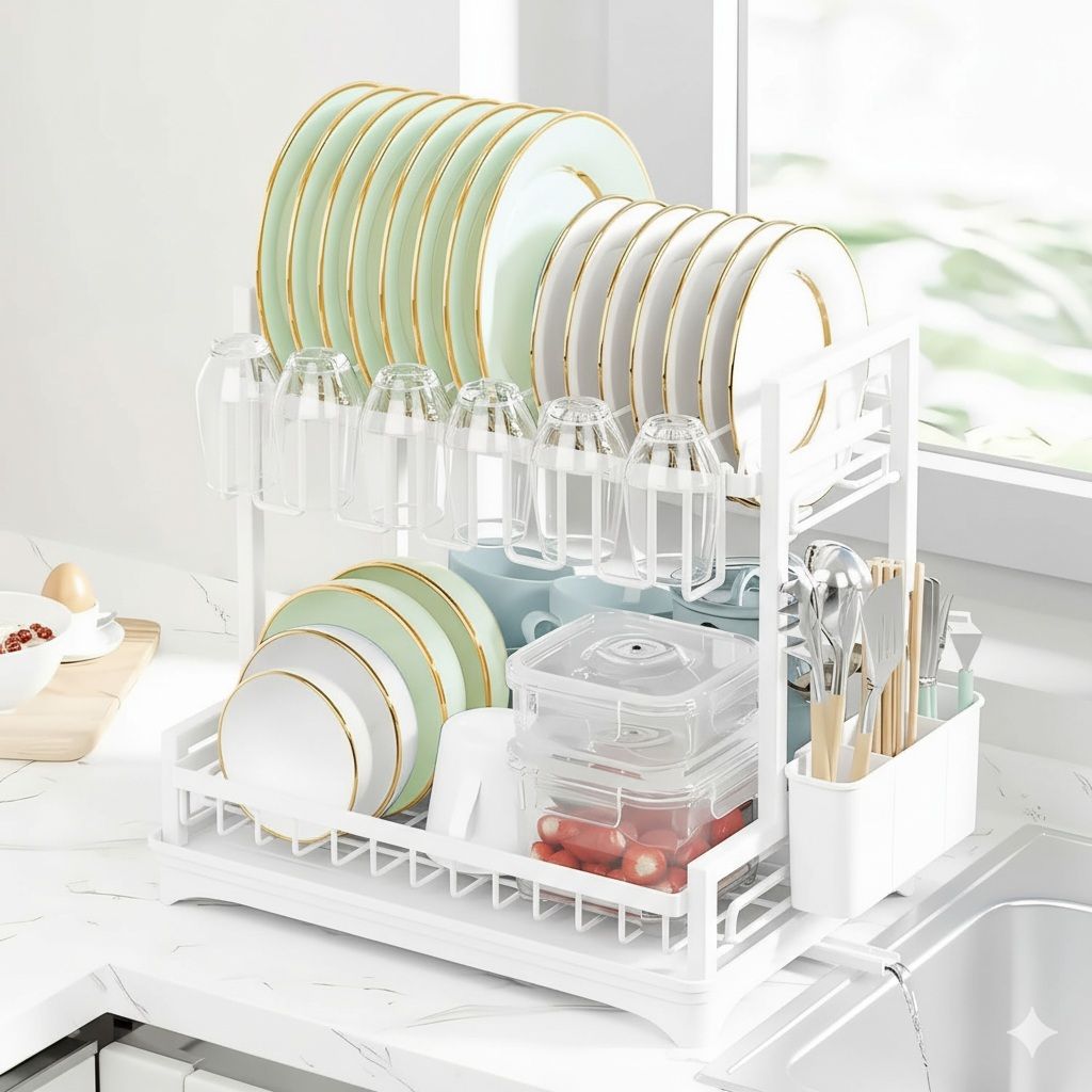 CARLA HOME Dish Drying Rack 2-Tier Kitchen Drainer with Drainboard (Wh ...