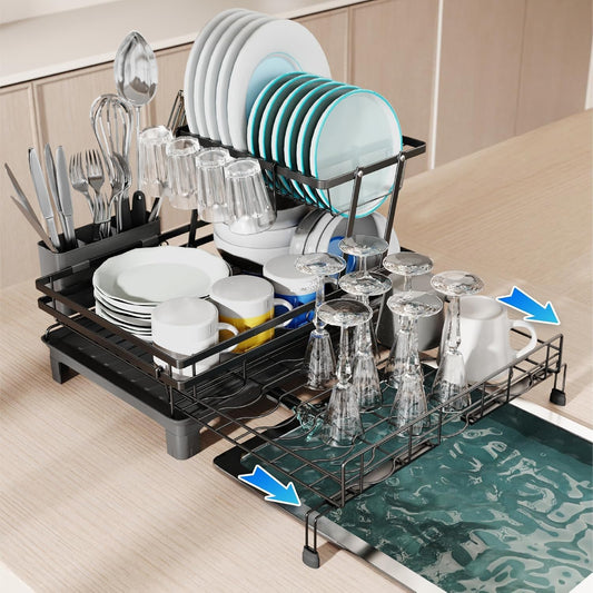 CARLA HOME Expandable Dish Drying Rack with Drainage Spout, Utensil Holder & Drainboardfor Kitchen Countertop Organizer (2 tier)