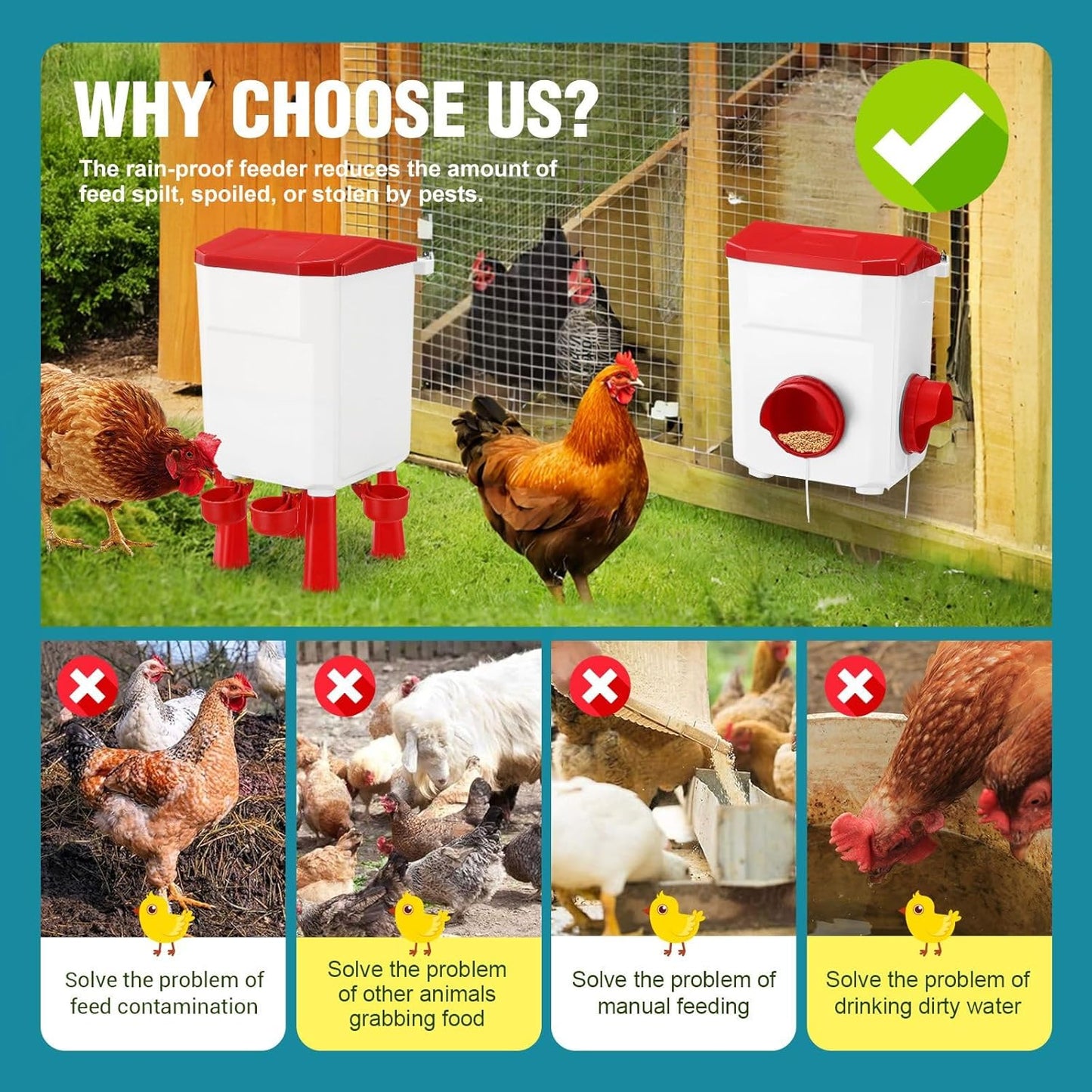 CARLA HOME Automatic Chicken Feeder Waterer Set with 8KG Food 7L Water Capacity for Coop, Chickens, Ducks, Quails (Red)