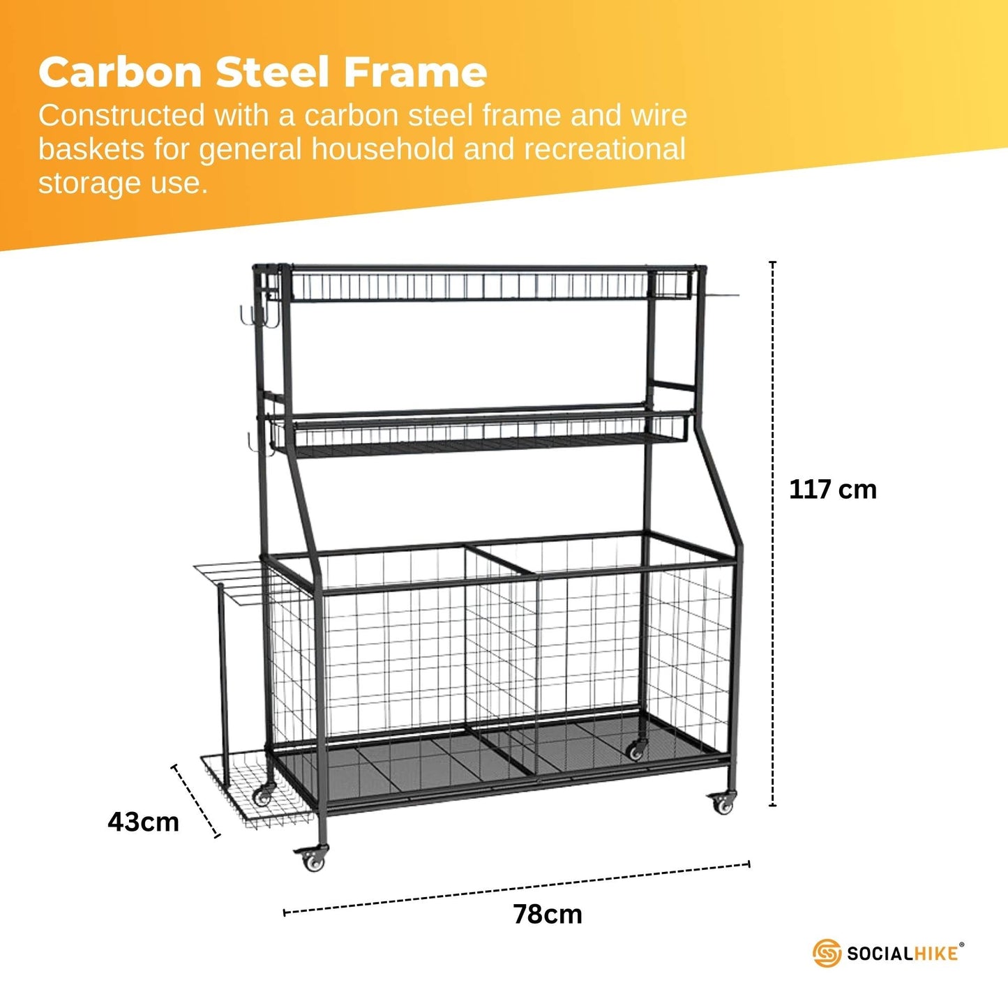Social Hike Sports Equipment Storage Organiser with Side Rack Garage Trolley