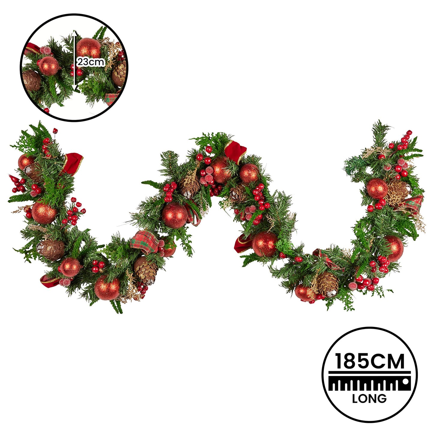 Christabelle 185cm Christmas Garland Lush Green Holiday Garland with Red Berries, Baubles & Pine Cones Pre-Decorated Festive Shelf or Banister Decoration