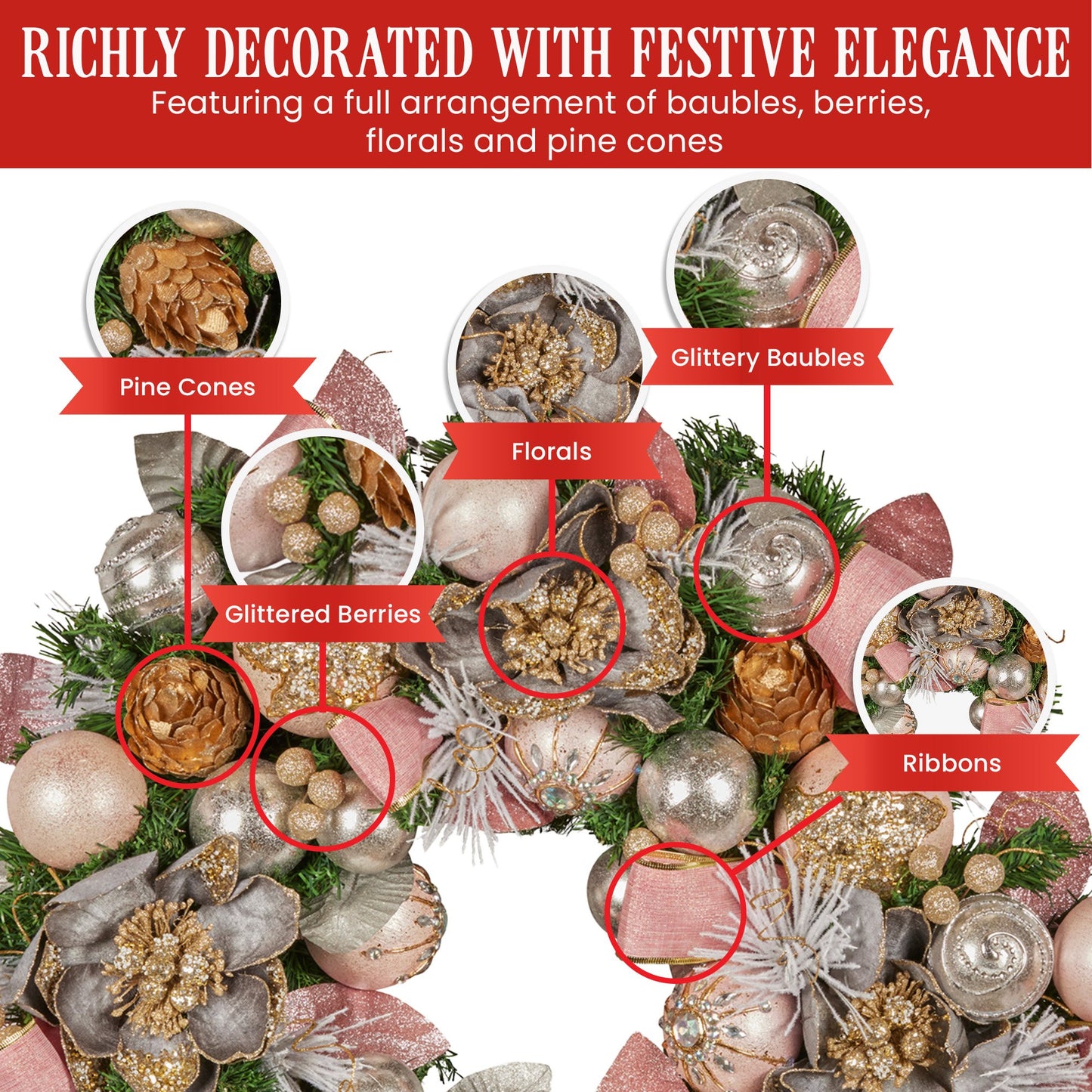 Christabelle 56cm Christmas Wreath Lush Green Holiday Door Wreath w/Jewelled Baubles, Foliage, Flowers, Pine Cones, Ribb