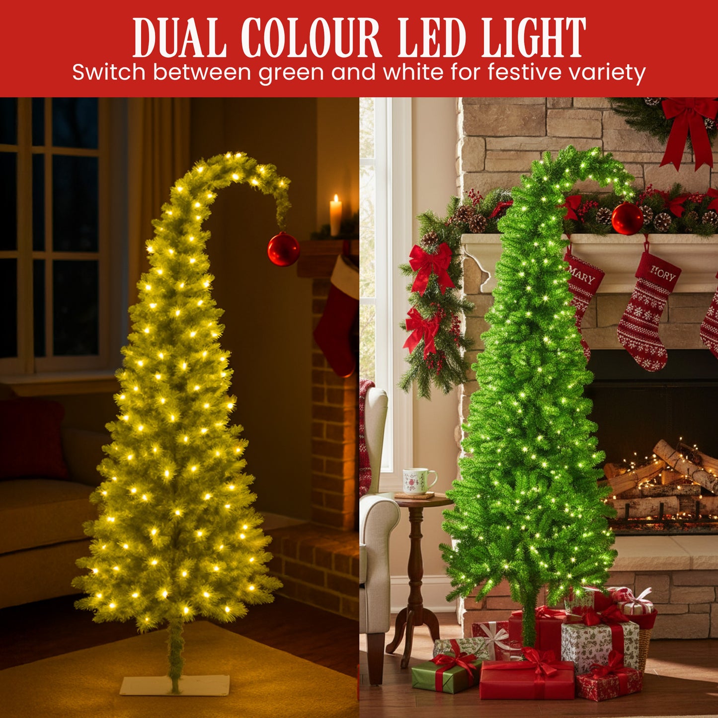 Christabelle 4ft Christmas Gremlin Tree Curved Top Red Bauble Built In Green & White LED Lights Foot Pedal Control
