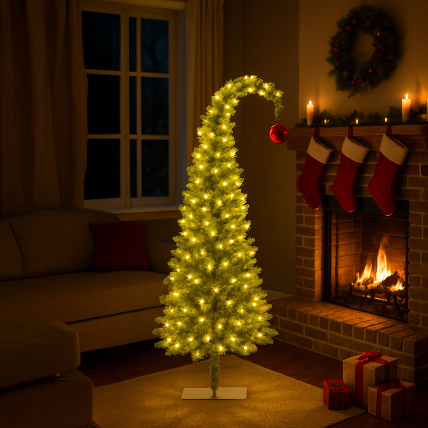 Christabelle 4ft Christmas Gremlin Tree Curved Top Red Bauble Built In Green & White LED Lights Foot Pedal Control