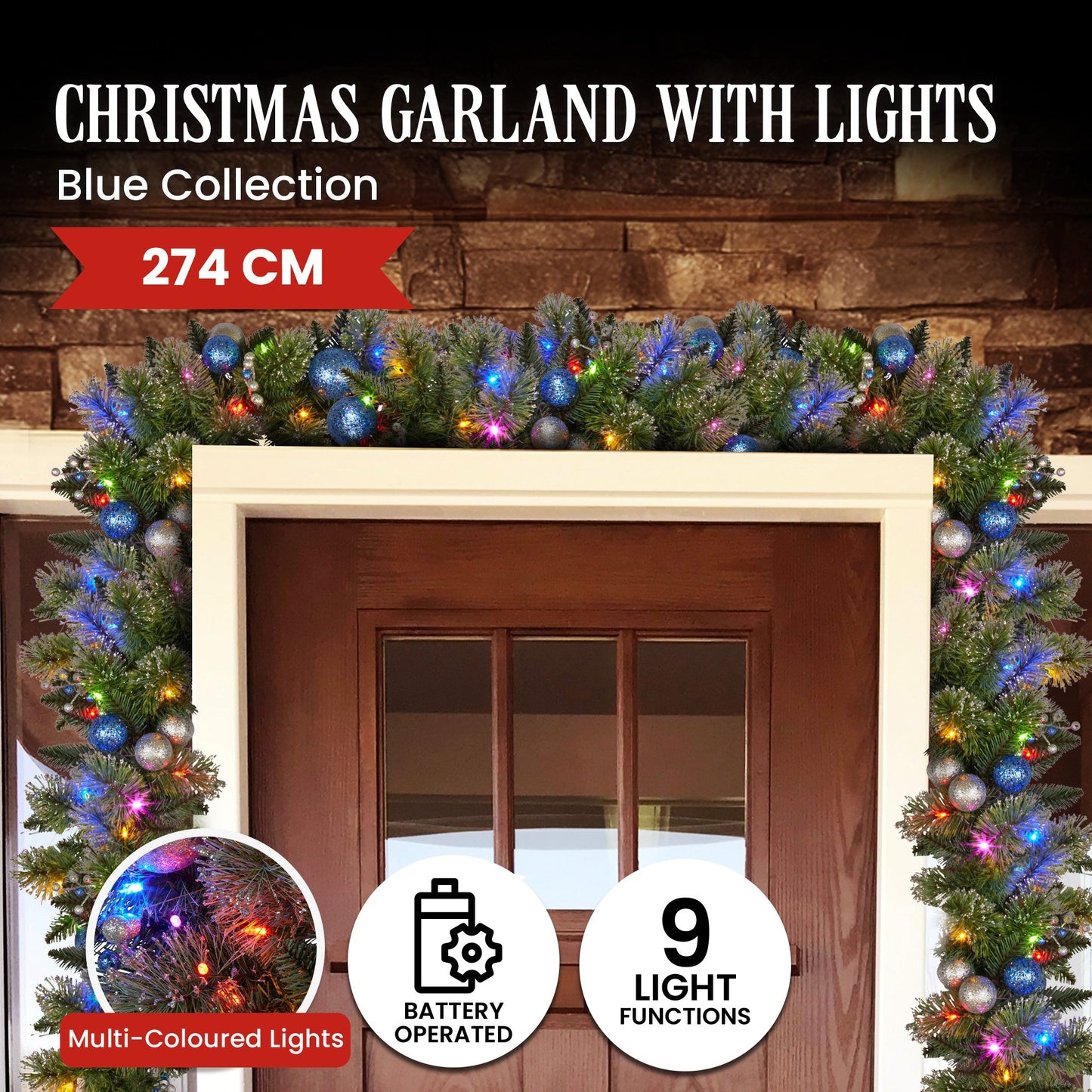 Christabelle 274cm Blue Collection Multicolour Pre-Lit Christmas Garland
