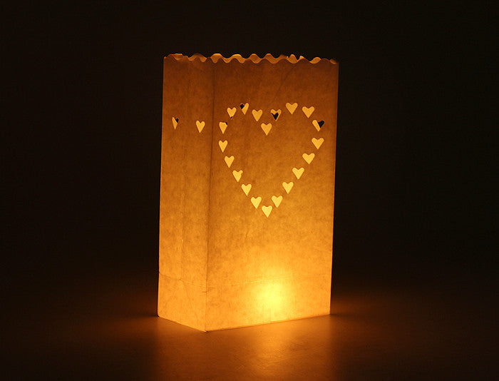 100 Pack White Heart Luminary Paper Candle Tea Light Lantern Bags Wedding Garden Anniversary Birthday Night Decorations Evening Party