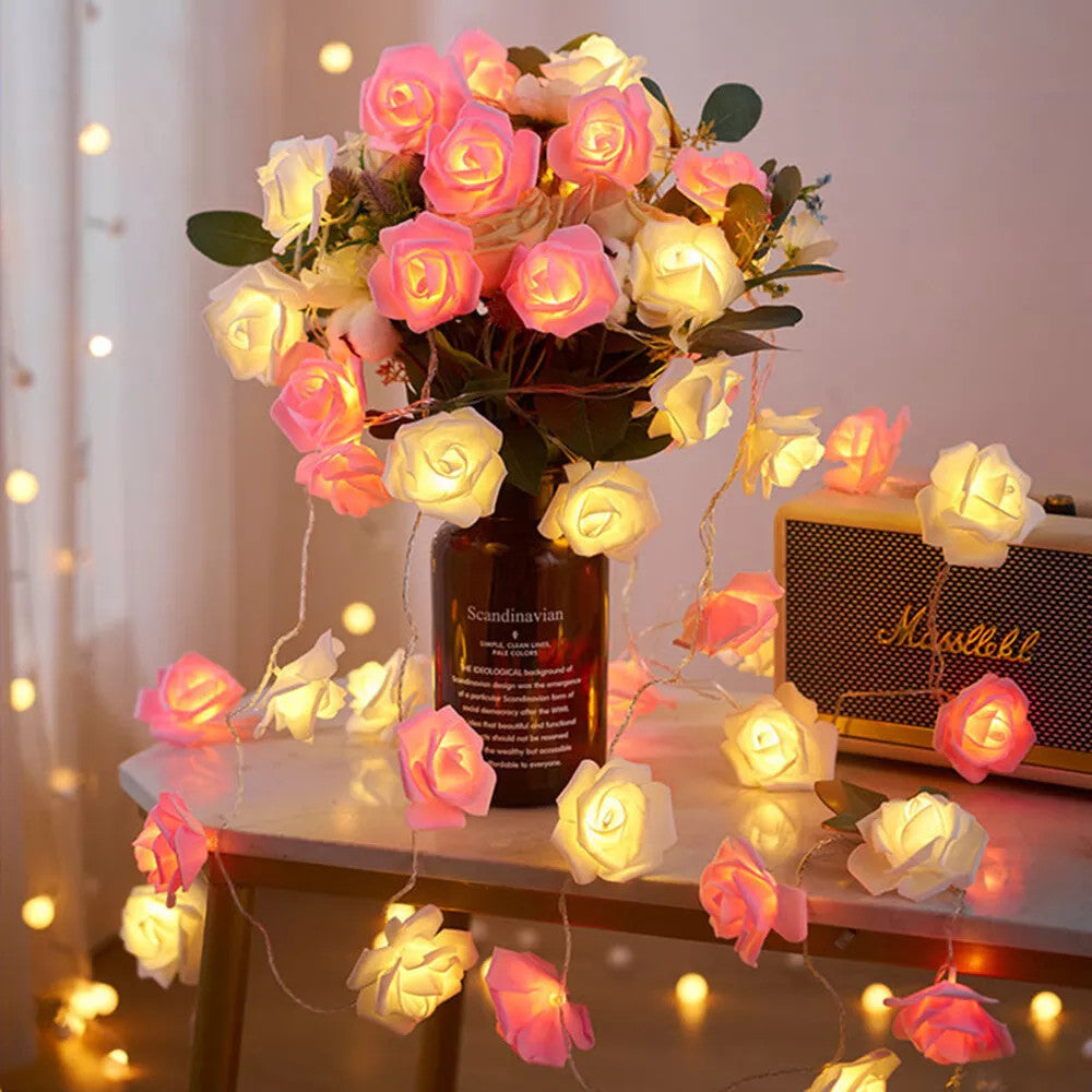 50 Pink n White Rose 3D Fairy Lights 5M LONG String, Battery (AA) Indoor & Outdoor Decorations Wedding Valentines Romantic Room Table Lighting