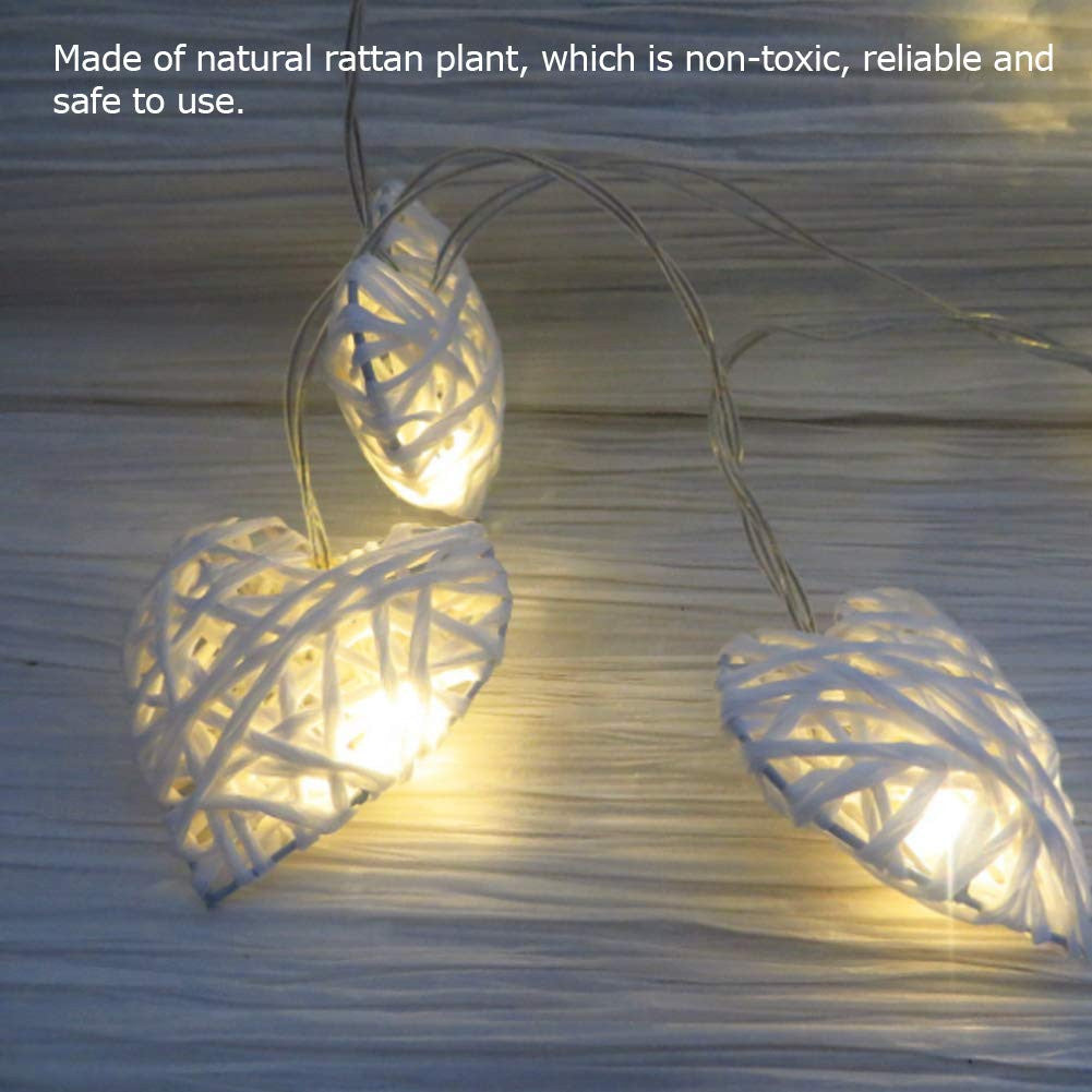50 White 3D Hollowed Rattan Heart-Shaped 5M LONG String Fairy Lights, Battery (AA) Indoor & Outdoor Decorations Wedding Valentines Romantic Room Table Lighting