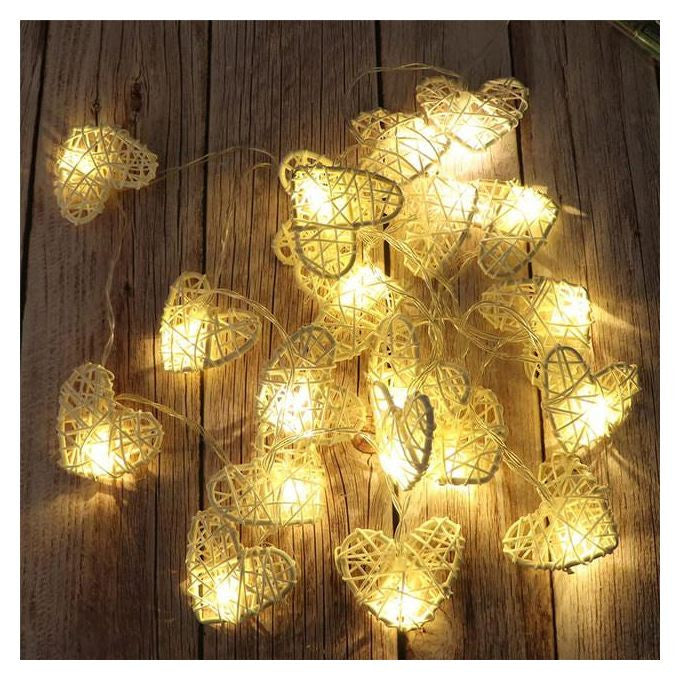 50 White 3D Hollowed Rattan Heart-Shaped 5M LONG String Fairy Lights, Battery (AA) Indoor & Outdoor Decorations Wedding Valentines Romantic Room Table Lighting