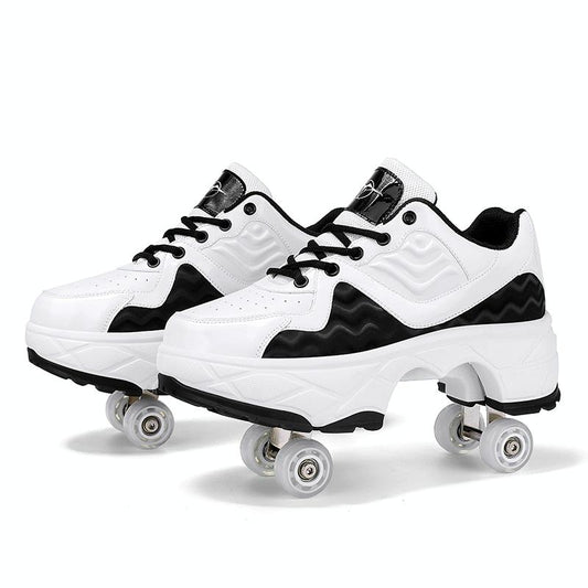 Retractable Dual-purpose Roller Skates - Size 33 Deformable Four-wheel - Df09 Black - 35