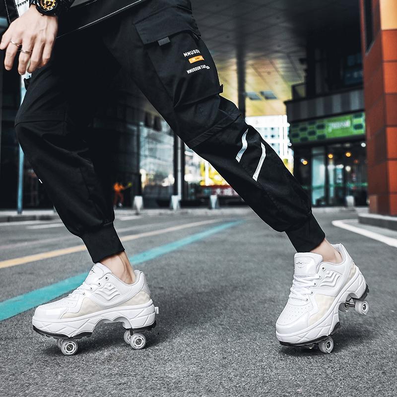 Retractable Dual-purpose Roller Skates - Size 33 Deformable Four-wheel - Df09 Black - 35