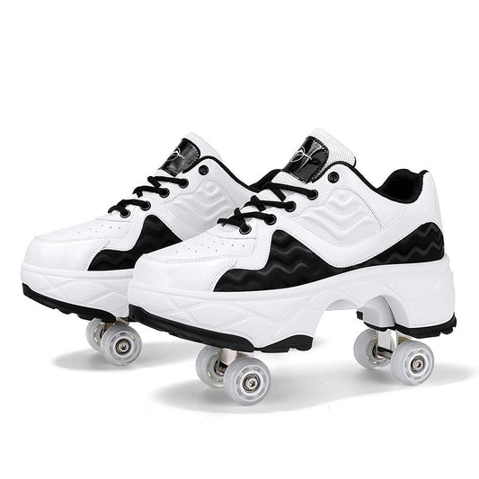 Retractable Dual-purpose Roller Skates - Size 33 Deformable Four-wheel - Df09 Black - 37